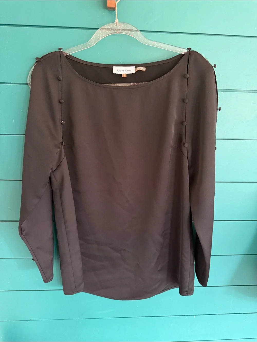 Calvin Klein Black Long Sleeve Boatneck Top with Button Detail